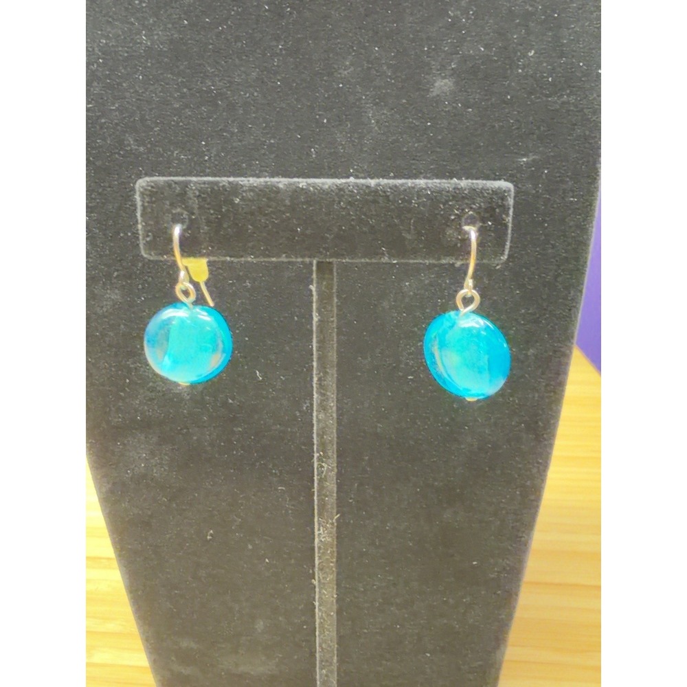 Blue Art Glass Bead Dangle Earrings Aqua Teal Silver Tone Fish Hook